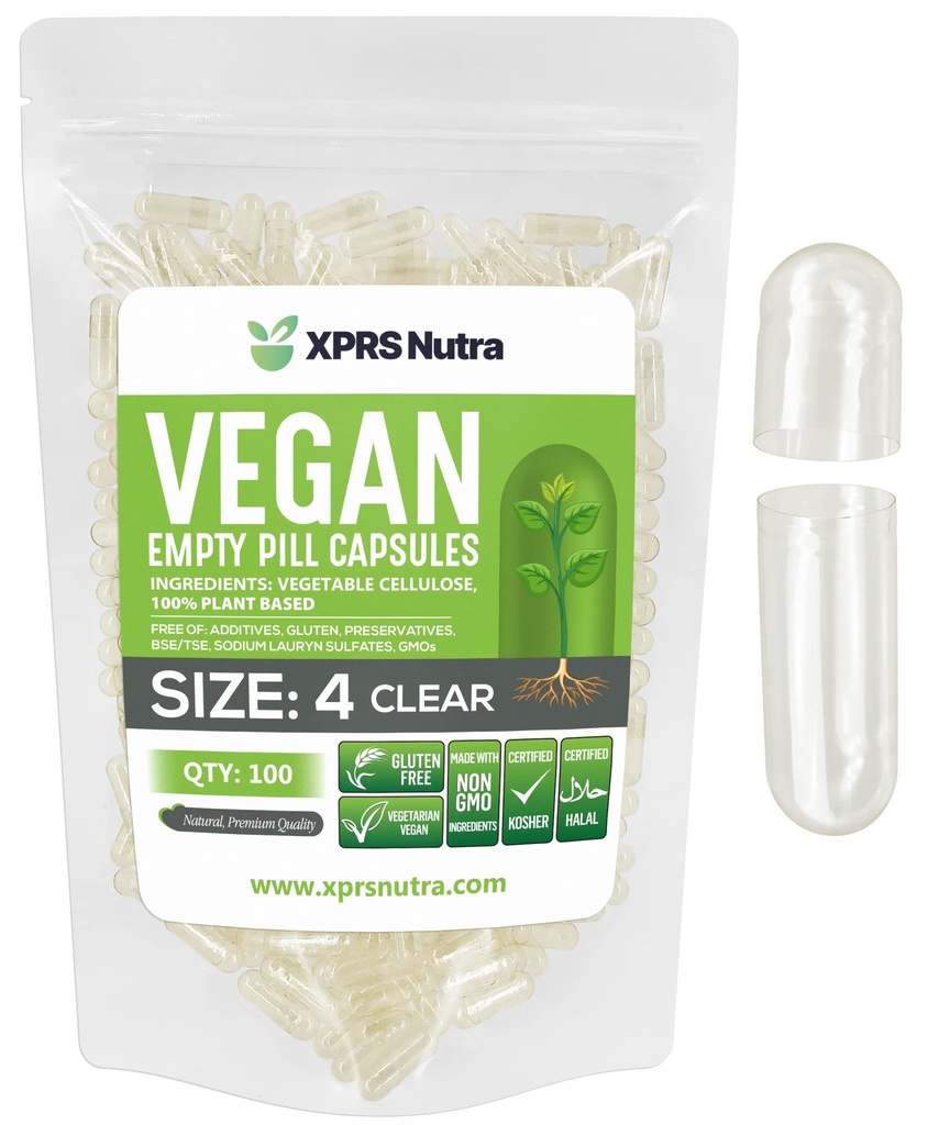 XPRS Nutra Size 4 Empty Capsules - 100 Count Small Clear Empty Vegan Capsules- Vegetarian Pills - DIY Vegetable Capsule Filling - Fillable Do-It-Yourself Caps for Supplements
