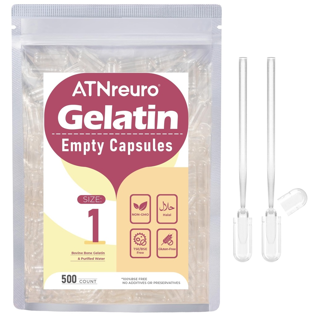 Size 1 Empty Gelatin Capsules with 2 Micro Spoons - 500 Count Empty Clear Capsule - Gel Pill Capsules for Powders Supplements