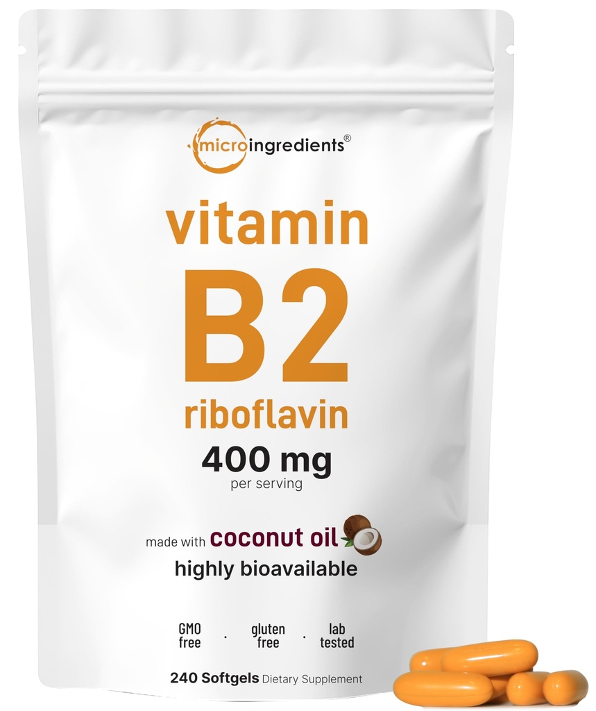 Vitamin B2, Riboflavin 400mg | 240 Softgels with Coconut Oil | Highly Bioavailable | Extra Strength Vitamin B Energy Supplements | Essential B Vitamins for Women & Men | Non-GMO, Gluten Free