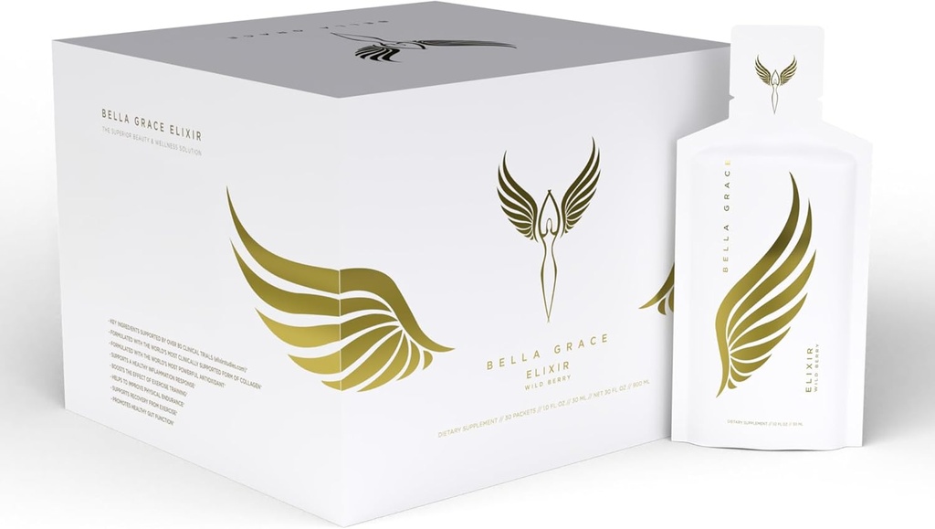 Bella Grace Elixir Collagen Peptides Suplemento para el cuidado de la piel &amp; Salud con Verisol Collagen, AstaReal Astaxanthin, y la garra de gato, apoya la regeneración del colágeno, protección antioxidante, 30 servicios