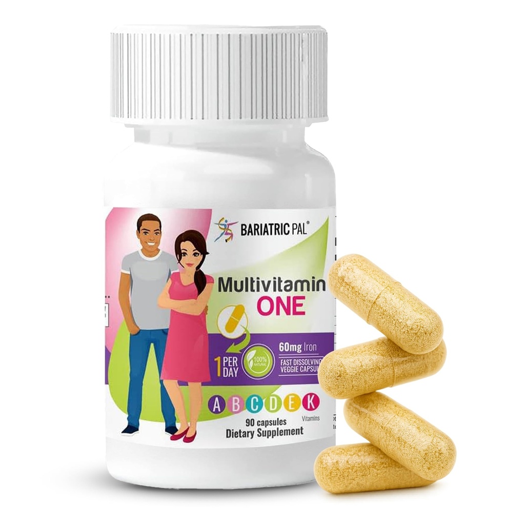 BariatricPal Multivitamin ONE 1 per Day! Bariatric Multivitamin Capsule with 60 mg of Iron | Easy to Swallow Capsule | Vitamin for Bariatric Surgery Patients | 90 Count (3 Month Supply)
