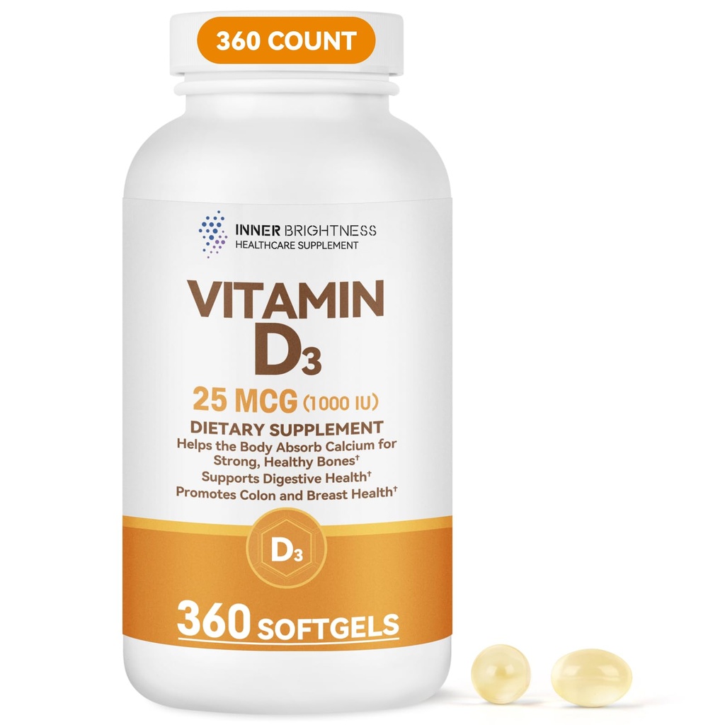 Inner Brightness Vitamin D3 1000 IU (25 mcg) Softgels, Bone, Immune & Digestive Health Support, Gluten Free, No Artificial Additives, 360 Count, 360 Day Supply