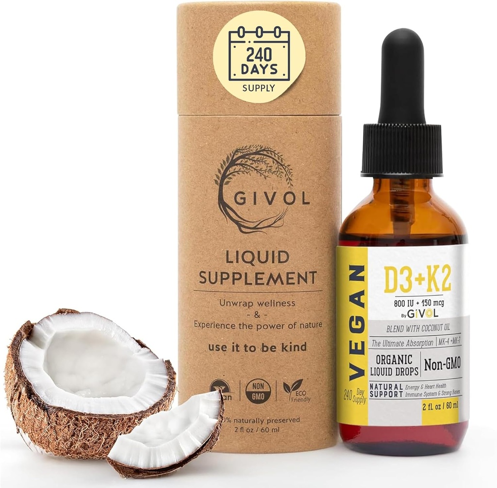 Vitamina D3 + K2 Liquid Drops (MK4 &amp; MK7) Organic Fractionated Coconut Oil, Plant-Based, Gluten-Free, Dairy-Free, Soy-Free, Nut-Free - High Potency, Derivada de Lichen & Natto, 2oz 240 Days Supply