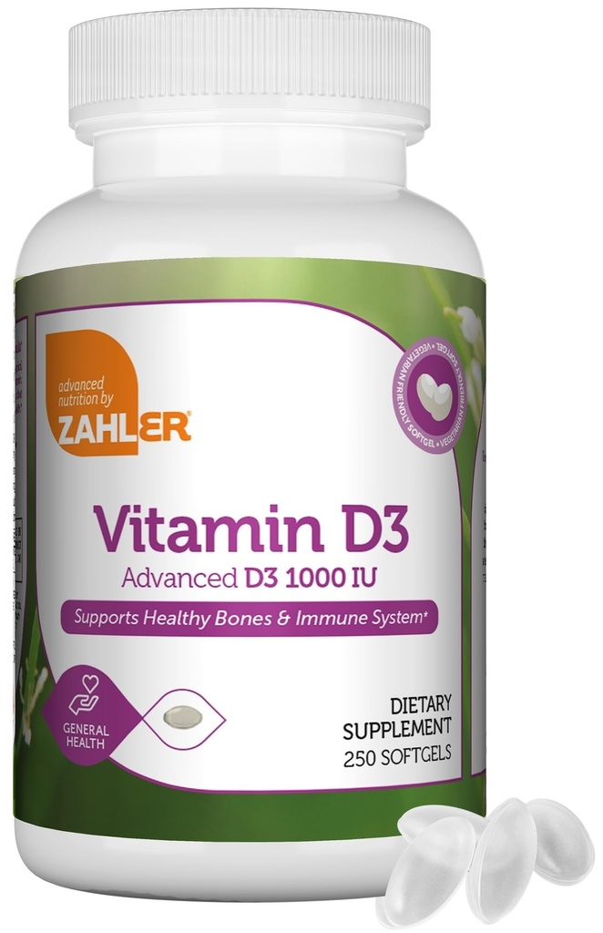 Zahler - Advanced Vitamin D3 1000 IU Softgels (250 Count) Kosher Vegetarian Friendly Vitamin D for Immune Support, Bone, Teeth & Muscle Health - Daily D3 Vitamin Supplement for Adults - Easy Swallow V