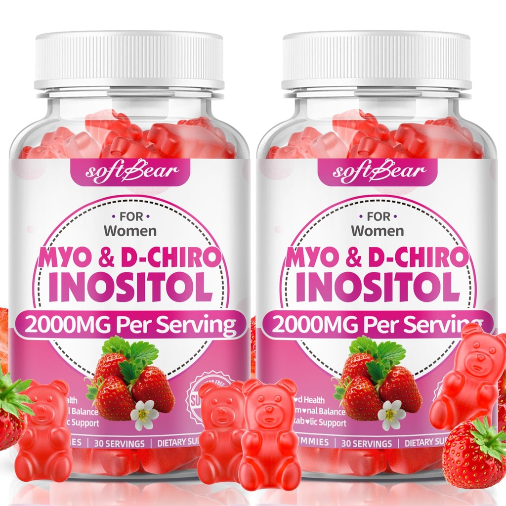 softbear Inositol Supplement for Women, Myo-Inositol & D-Chiro Inositol Gummies Ideal 40:1 Ratio for Female Health & Wellness, Sugar-Free/Veagn/GMO-Free, Strawberry Flavor, 120 Count