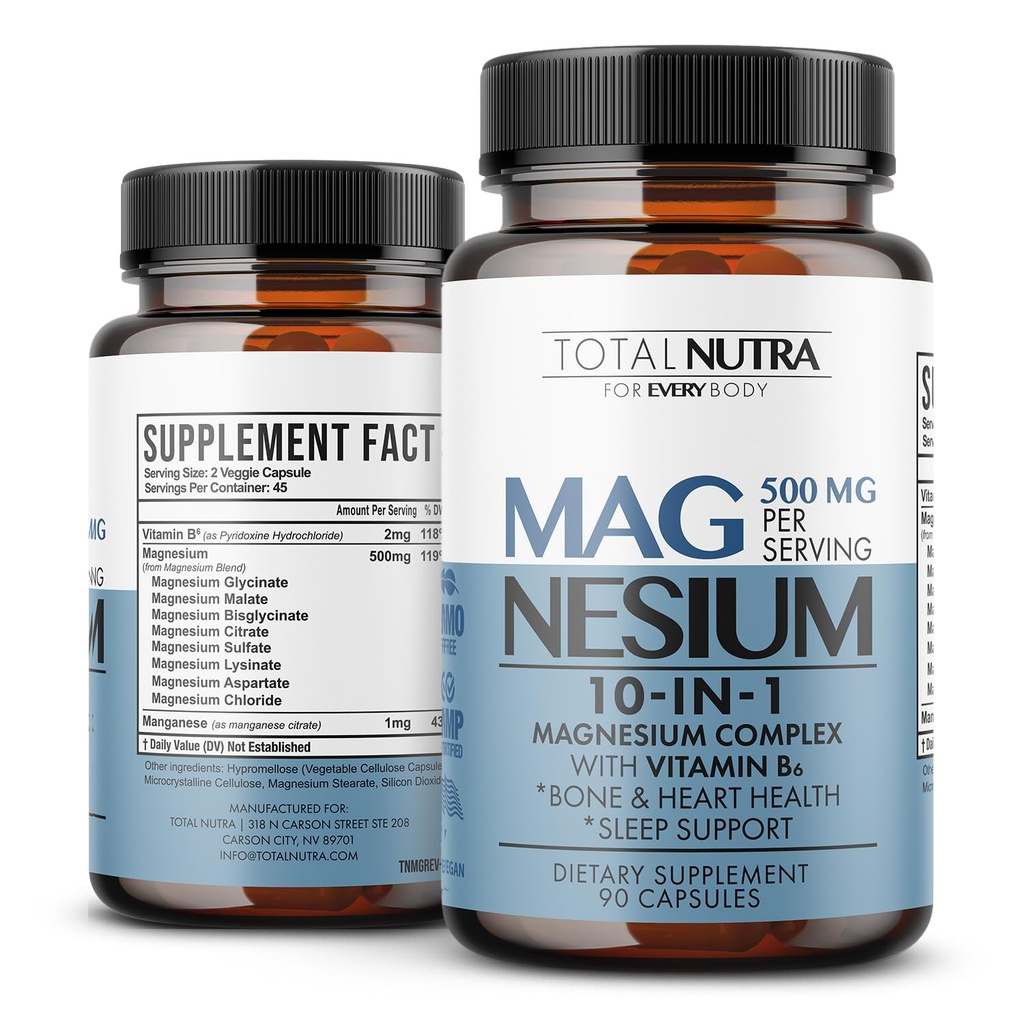 10-in-1 Magnesium Supplement 500 mg | High Absorption Magnesium Complex with Mag Glycinate, Citrate, Vitamin B6 Magnesium for Sleep, Muscle, Bone & Heart Health, Vegan & Gluten-Free, 45 Day Supply