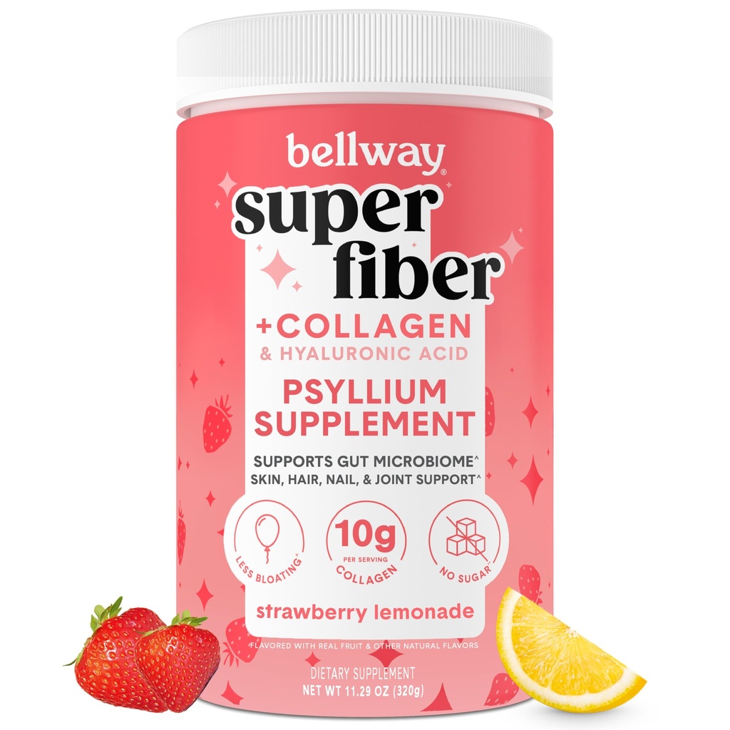 Bellway Super Fiber Powder + Collagen, Sugar-Free Psyllium Husk Powder with Collagen Peptides and Hyaluronic Acid for Gut Health, Healthy Skin, Nails, Bones & Joints, Strawberry Lemonade (20 Servings)