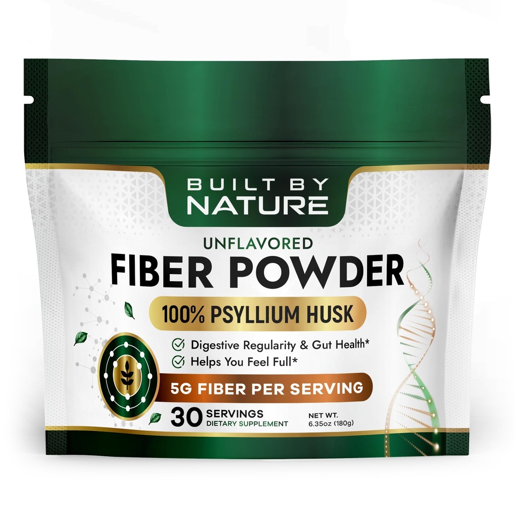 Built by Nature Psyllium Husk Fiber Powder – Daily Fiber Supplement for Women & Men – High Soluble & Insoluble Natural Fiber Drink & Powder for Digestive Health – Unflavored, 30 Servings