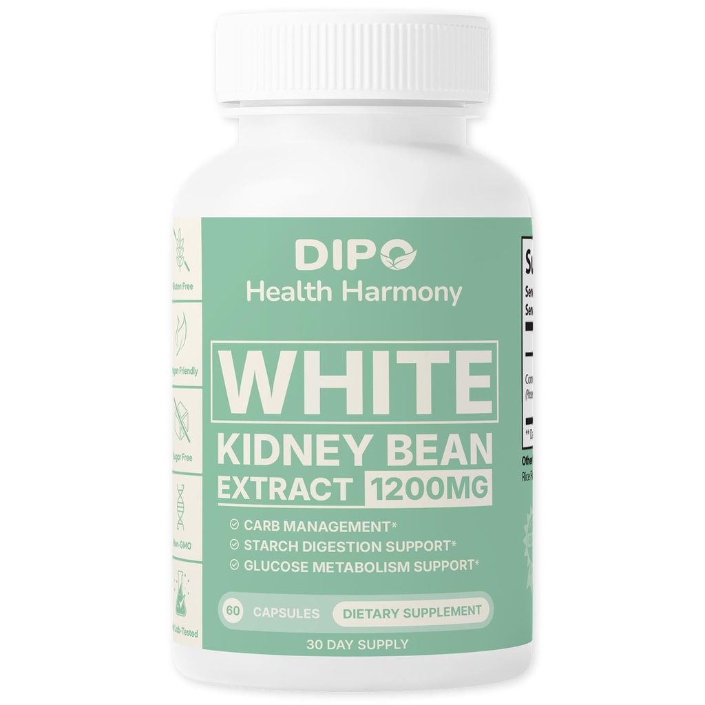 DIPO White Kidney Bean Extract 1200mg - Natural Carb Control & Metabolism Support Supplement - Vegan, Gluten Free - 60 Capsules