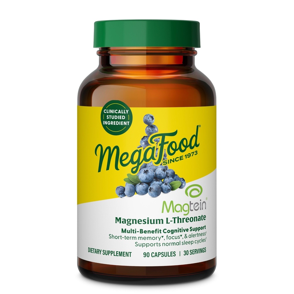 MegaFood Magtein Magnesium L-Threonate - Magnesium Supplement 2000mg Per Serving - Supports Short-Term Memory, Focus, Alertness & Normal Sleep Cycles - Vegan, Gluten Free - 90 Capsules, 30 Servings