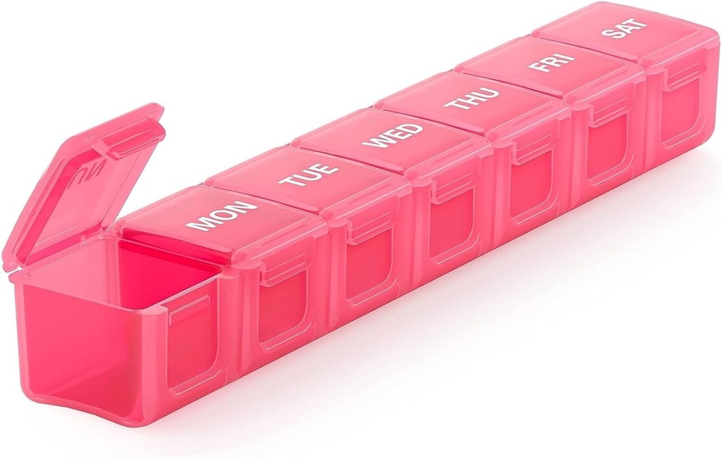 Sukuos Extra Large Weekly Pill Organizer, 7 Day Daily Pill Box Artritis Friendly, Silkscreen Printed Medicine Container with Clear Lid for Vitamins, Fish Oils or Supplements (Pink)