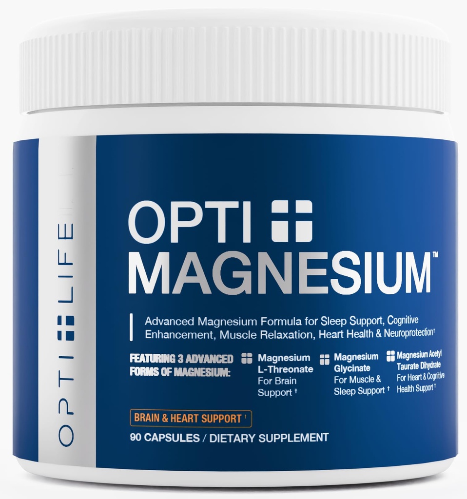 Opti + Triple Magnesium Complex Supplement | Brain Sleep Relaxation Support* | Magnesium L-Threonate, Glycinate & Acetyl Taurate Blend | Made in USA | 90 Capsules/30 Servings