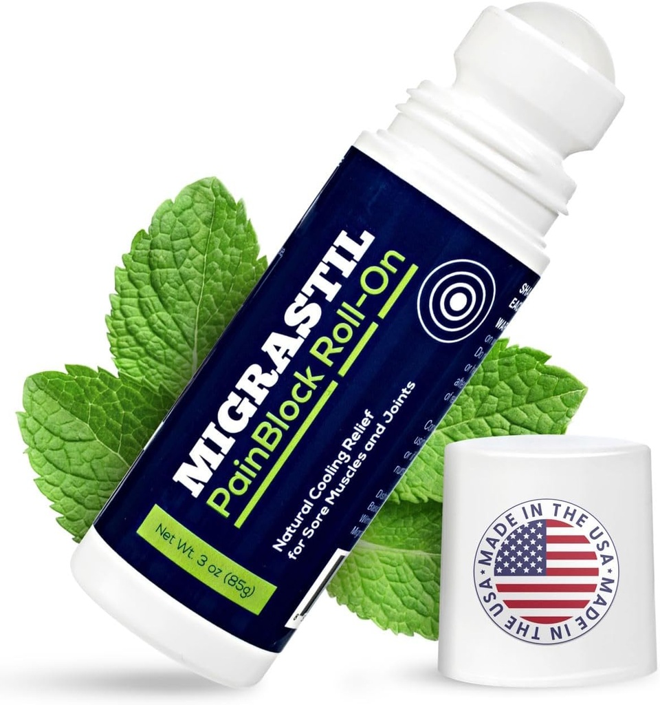 Basic Vigor Migrastil PainBlock Roll-On, 3 oz - Topical Roll-On for Muscle Aches, Cramps, Joint & Nerve Discomfort. Funciona bien en hombros, cuello, pies, rodillas, piernas, espalda, codos, HIPS, etc.