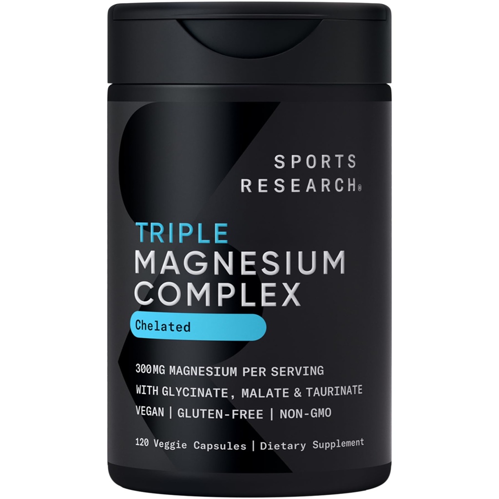 Sports Research® Chelated Triple Magnesium Complex with Glycinate, Taurinate & Malate (Chelamax®) for Enhanced Bioavailability* - 300 mg per Serving, Non-GMO, Certified Vegan, 120 Veggie Capsules