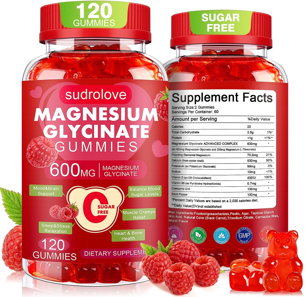 Magnesium Glycinate Gummies 600mg – Sugar Free Magnesium & Potassium Dietary Supplement with Vitamin D, B6 and CoQ10 for Calm Support & Sleep for Adults - High Absorption - Raspberry Gummies