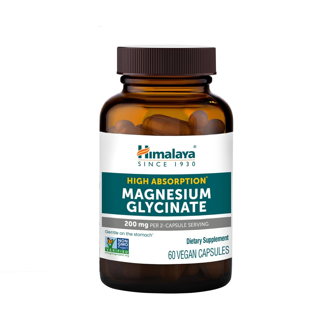 Himalaya Magnesium Glycinate, 60 Vegan Capsules, High Absorption Dietary Supplement for Muscle Function, Bone Health, and Relaxation, Chelated, Non-GMO, Gluten-Free, 200mg per 2 Capsule Serving