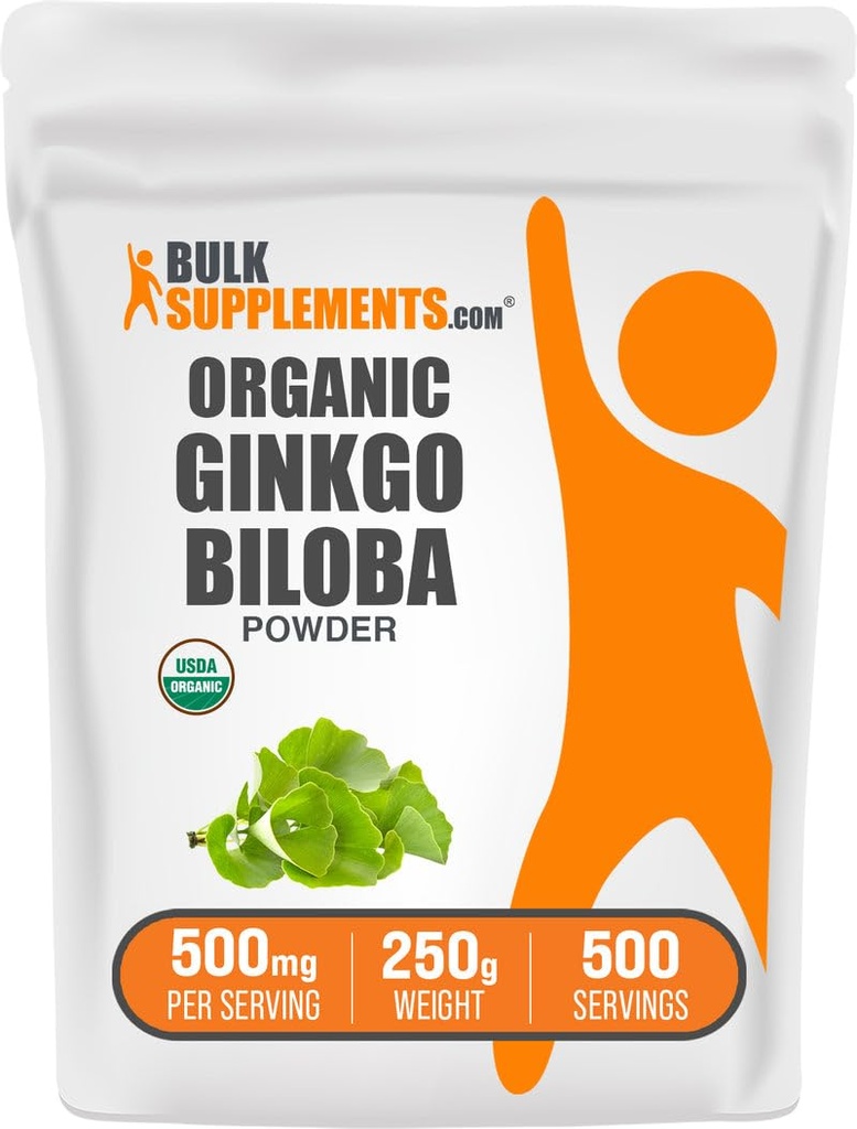 BulkSupplements.com Organic Ginkgo Biloba Powder - from Ginkgo Biloba Leaf, Herbal Supplement - Vegan & Gluten Free, 500mg per Serving, 250g (8.8 oz) (Pack of 1)