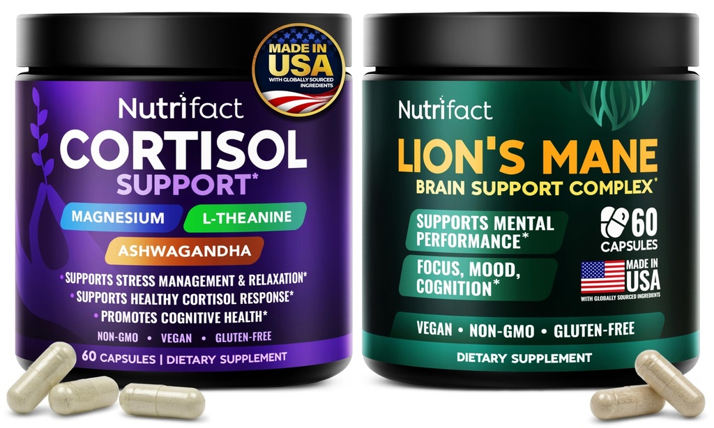 Cortisol Supplements & Lions Mane Supplement Capsules for Women & Men - Vegan, Non-GMO, Made in USA Complete Brain Support Complex & Cortisol Reducer - with L Theanine, Vitamin B Complex