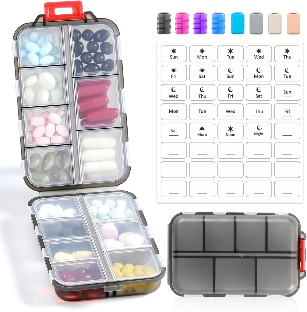 14 GRIDS Travel Pill Organizer Box with Labels - Travel Medicine Case Kit - Pocket Daily Pharmacy Container - Dispensador de portadores de medicamentos para el almacenamiento de vitaminas de aceite de pescado - Clear Gray