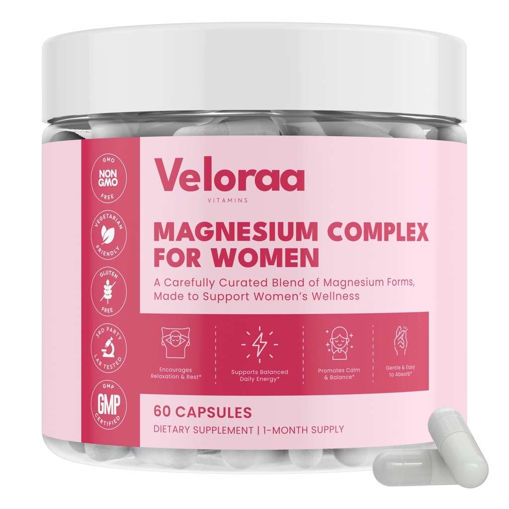 Premium Magnesium Complex for Women 60 Capsules | Complete 3-in-1 with Magnesium Glycinate Citrate & Malate Supports Calm, Digestion, Energy Vegan & Non-GMO Supplement | Veloraa