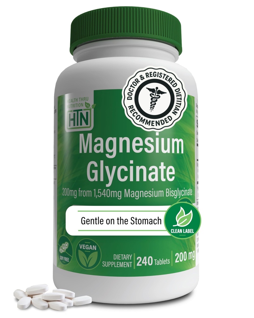 Magnesium Glycinate - Muscle, Nerves, Relaxation & Sleep Supplement | 200mg Elemental Magnesium Fully Reacted Chelated | Gentle on the Stomach | Non-GMO 240 Tablets | by Health Thru Nutrition