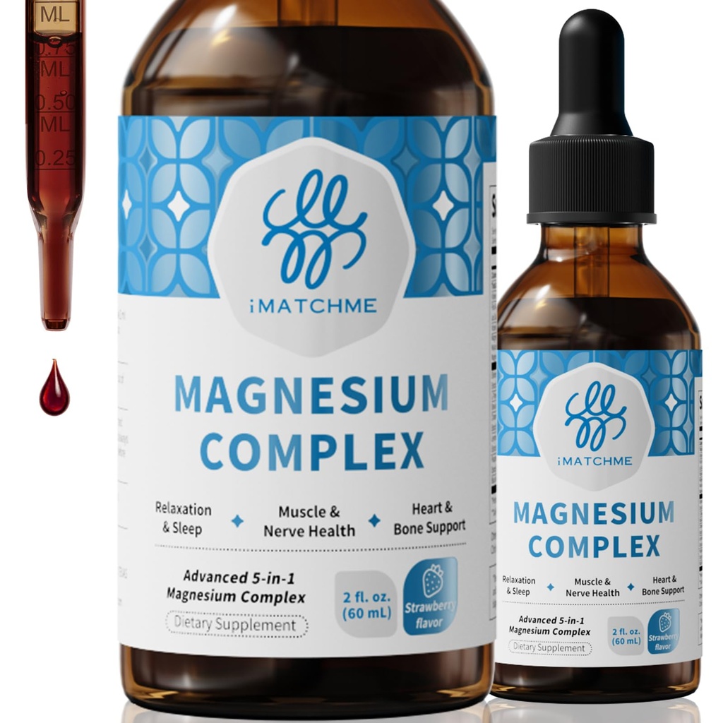 iMATCHME Liquid Magnesium Complex - High Absorption Magnesium Glycinate, Citrate & Malate Drops with L-Theanine & B12 - Supports Calm Mood, Restful Sleep & Health Muscle Function - Strawberry, 2 Fl Oz