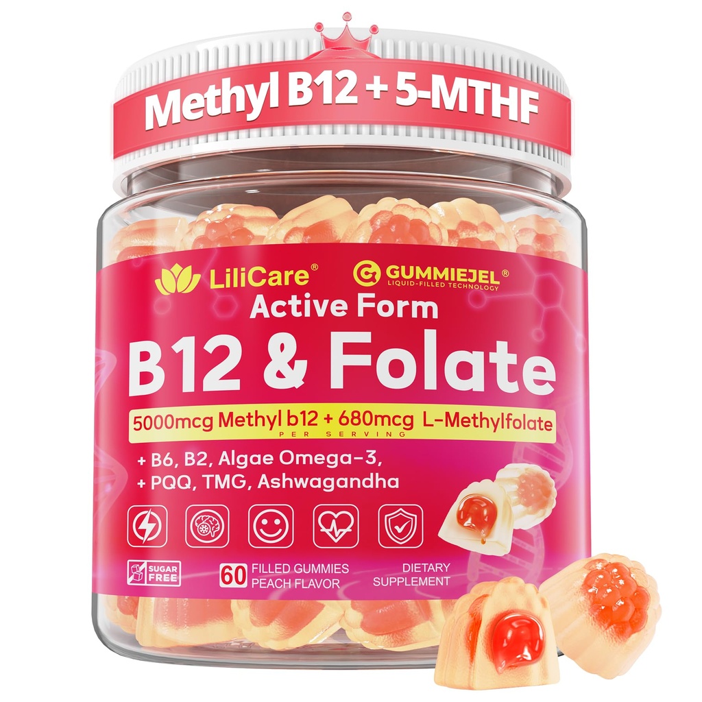 Methyl B12 5000mcg & L-Methylfolate Gummies for Women Men - Active 5-MTHF & Methylted B-Complex Multivitamin Supplement + B6, Choline,TMG for Cellular Energy, Cognition, Methylation, MTHFR Gene, 60Cts