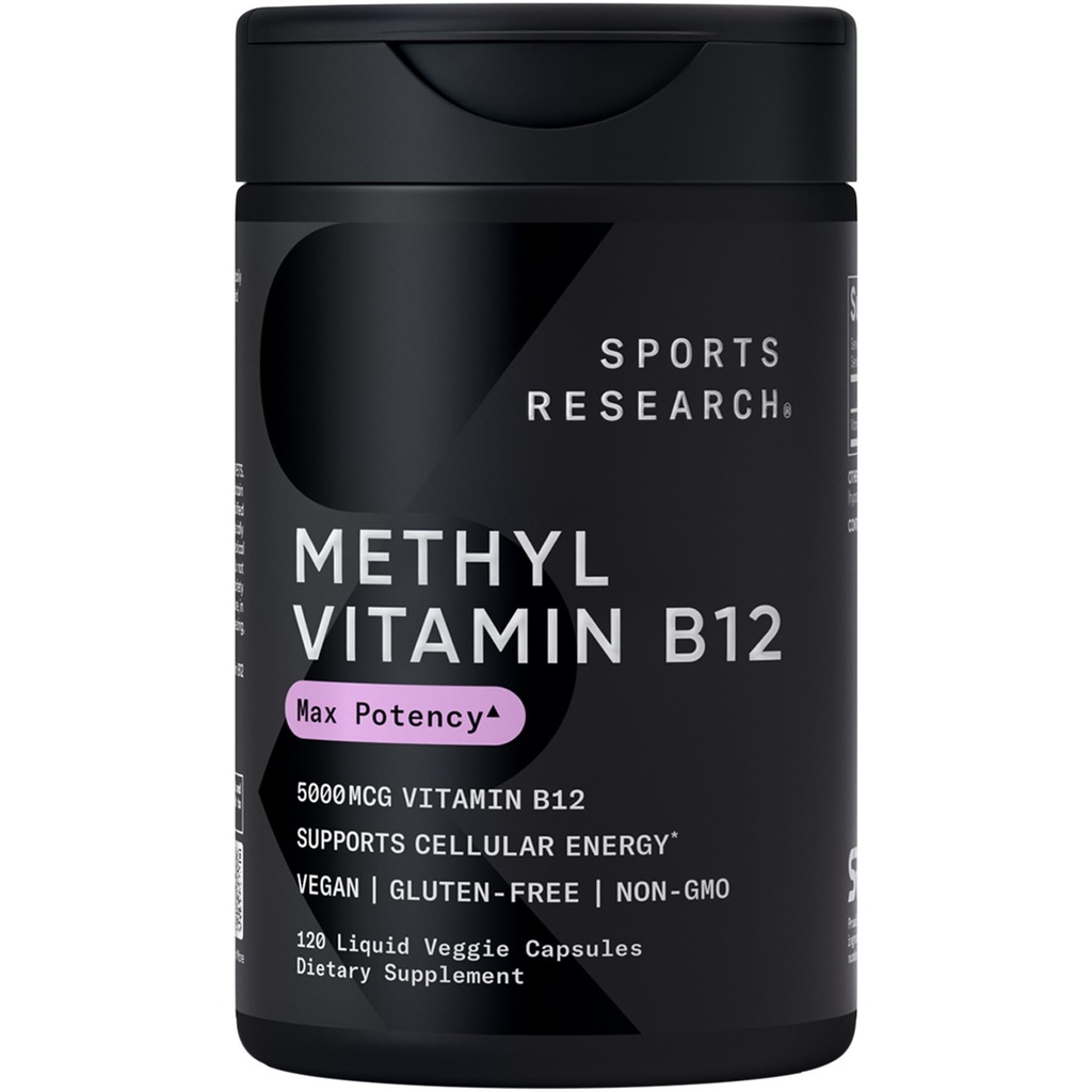 Sports Research® Vitamin B12 as Methylcobalamin 5000mcg - High Potency Vegan B12 w/Coconut MCT Oil for Energy Metabolism Support - Vegan Certified · Non-GMO · Gluten Free - 120 Liquid Caps