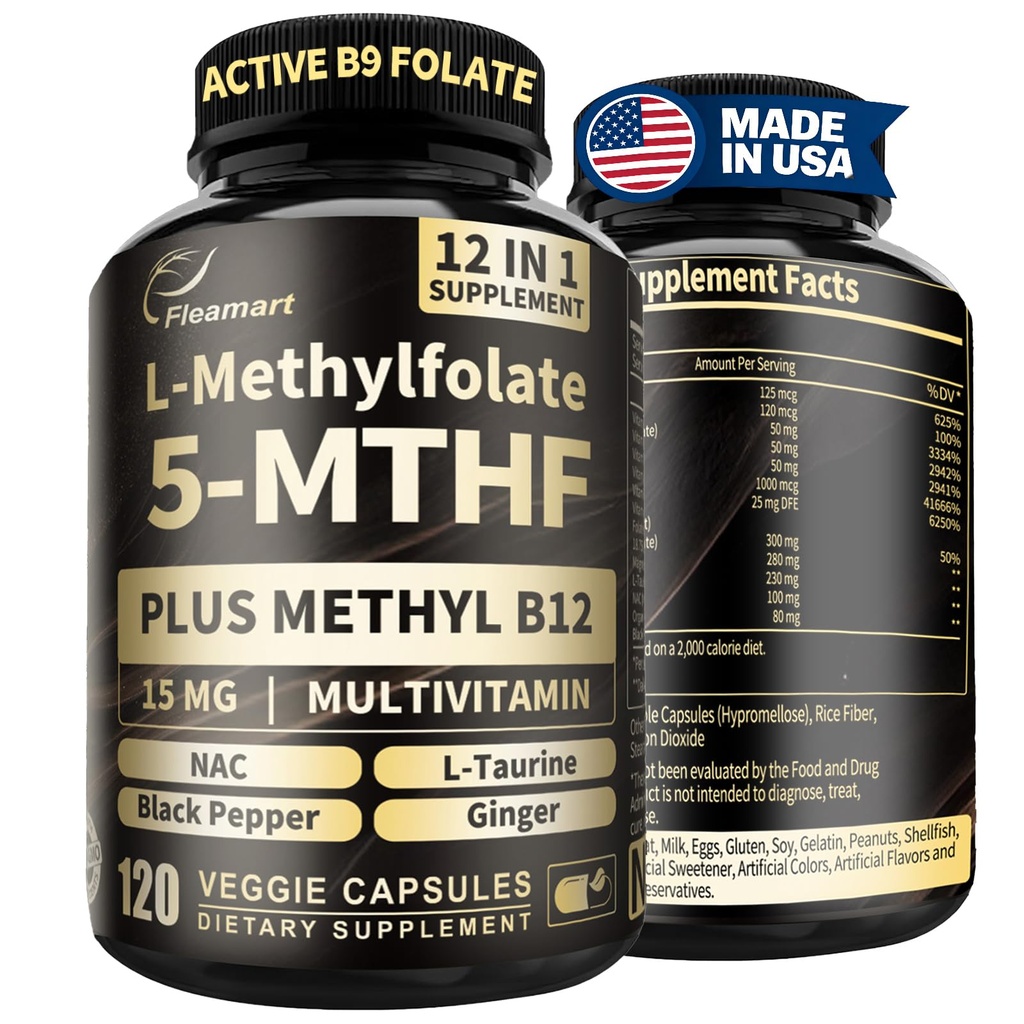 L Methylfolate 15mg Plus Methyl B12 - Methylated Vitamin B9 (5-MTHF) Supplement for Brain Health, Mood & Energy- High Absorption 12-IN-1 Methyl Folate - Third-Party Tested (120 Vegan Capsules)
