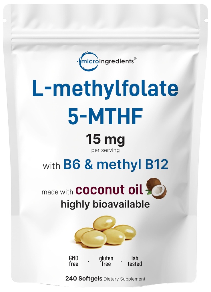 Micro Ingredients L Methylfolate 15mg, 240 Softgels | Active 5-MTHF with B6 & Methyl B12 | Methylated Vitamin B9 with Coconut Oil
