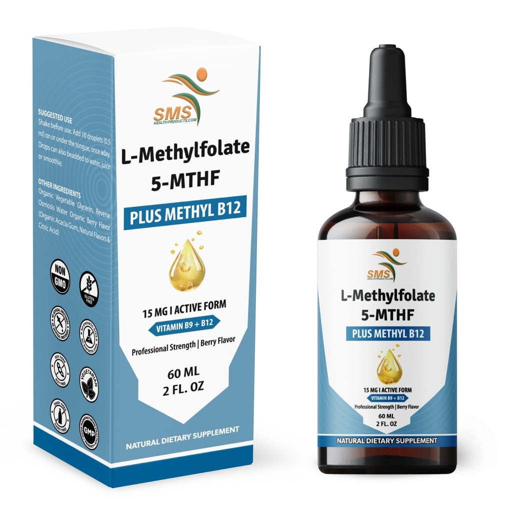 L-Methylfolate 15mg + Methyl B12 Liquid Drops – High Potency Sublingual Formula with Natural Berry Flavor – Active 5-MTHF & Bioactive B12 for Mood, Cognitive Health & Methylation Support (2oz)