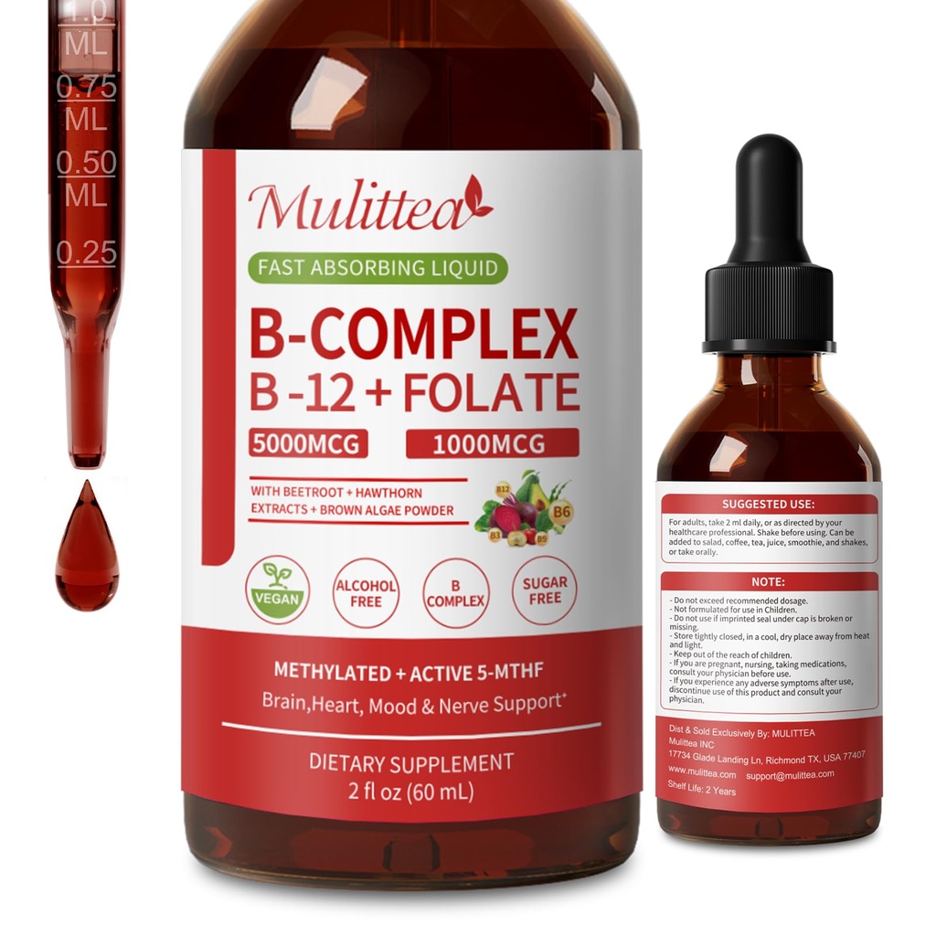 Methylated B Complex - 5000 mcg Methylcobalamin B12 & 5-MTHF Folate 1000 mcg - Vitamin B Complex Liquid Drops with B3, B6, Beetroot, Hawthorn - Energy, Focus, Heart & Brain, Sugar-Free, 2 Fl Oz