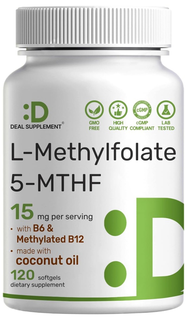 DEAL SUPPLEMENT L-Methylfolate 15 mg Per Serving, 120 Coconut Oil Softgels | 3-in-1 with Active 5-MTHF Methylated Vitamin B9, B6 & Methylated B12 | Active Folate Supplement | Non-GMO, Gluten Free