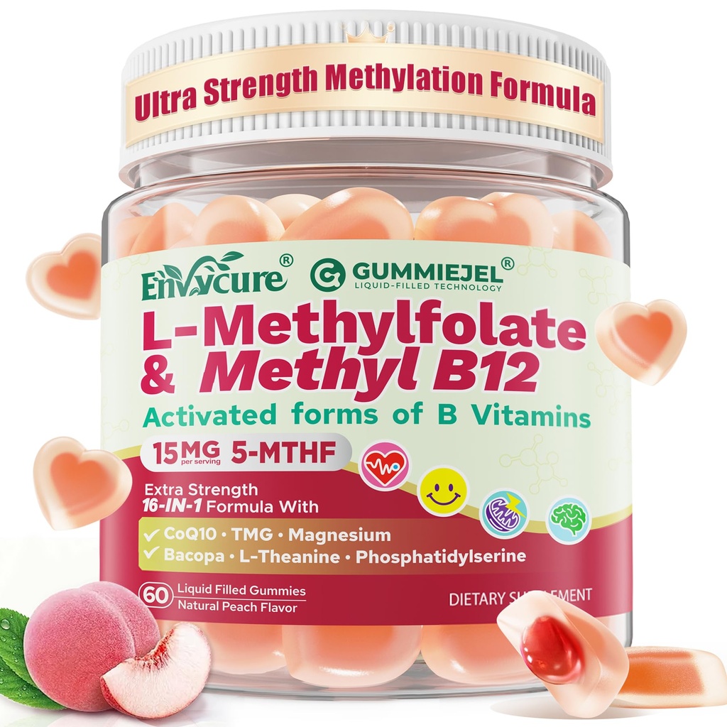 L-Methylfolate 15mg & 2,000 mcg Methyl B12 Gummies, Extra Strength Methylation Support for Women and Men, Active 5-MTHF with CoQ10, Magnesium, TMG, L-Theanine, B1 B2 B6 B9 for Cognitive, Energy,60Cts