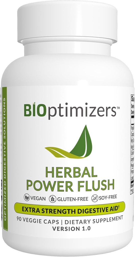 BIOptimizers Herbal Power Flush - Extra Strength Digestive Cleanse - Eliminar las toxinas Mejorar la digestión intestinal - Bloating Discomfort Relief for Adults - 90 Capsules