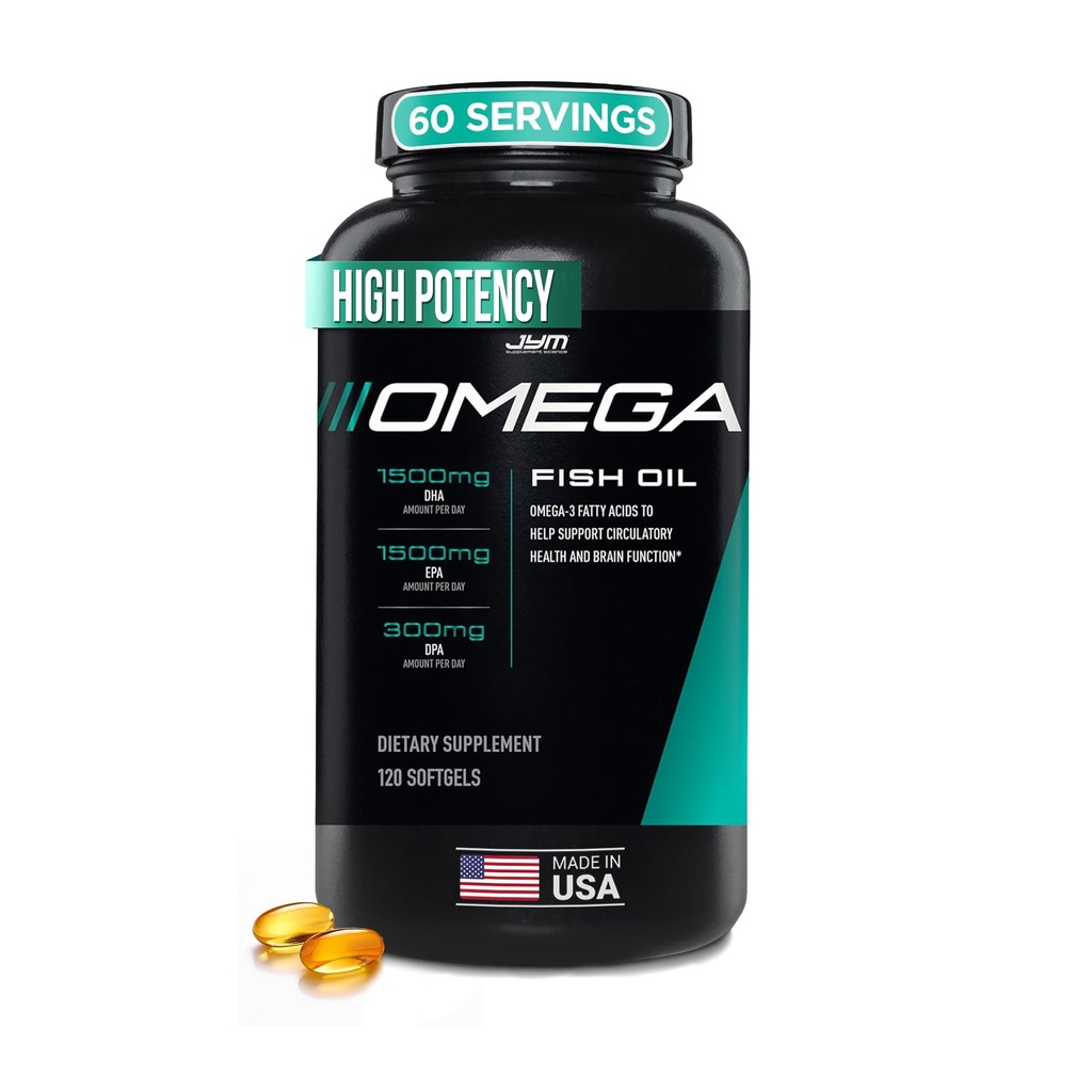 JYM Suplemento Ciencia Omega JYM Fish Oil 2800mg, High Potency Omega 3, EPA, DHA, DPA para cerebro, corazón, &amp; soporte conjunto 120 Soft Gels