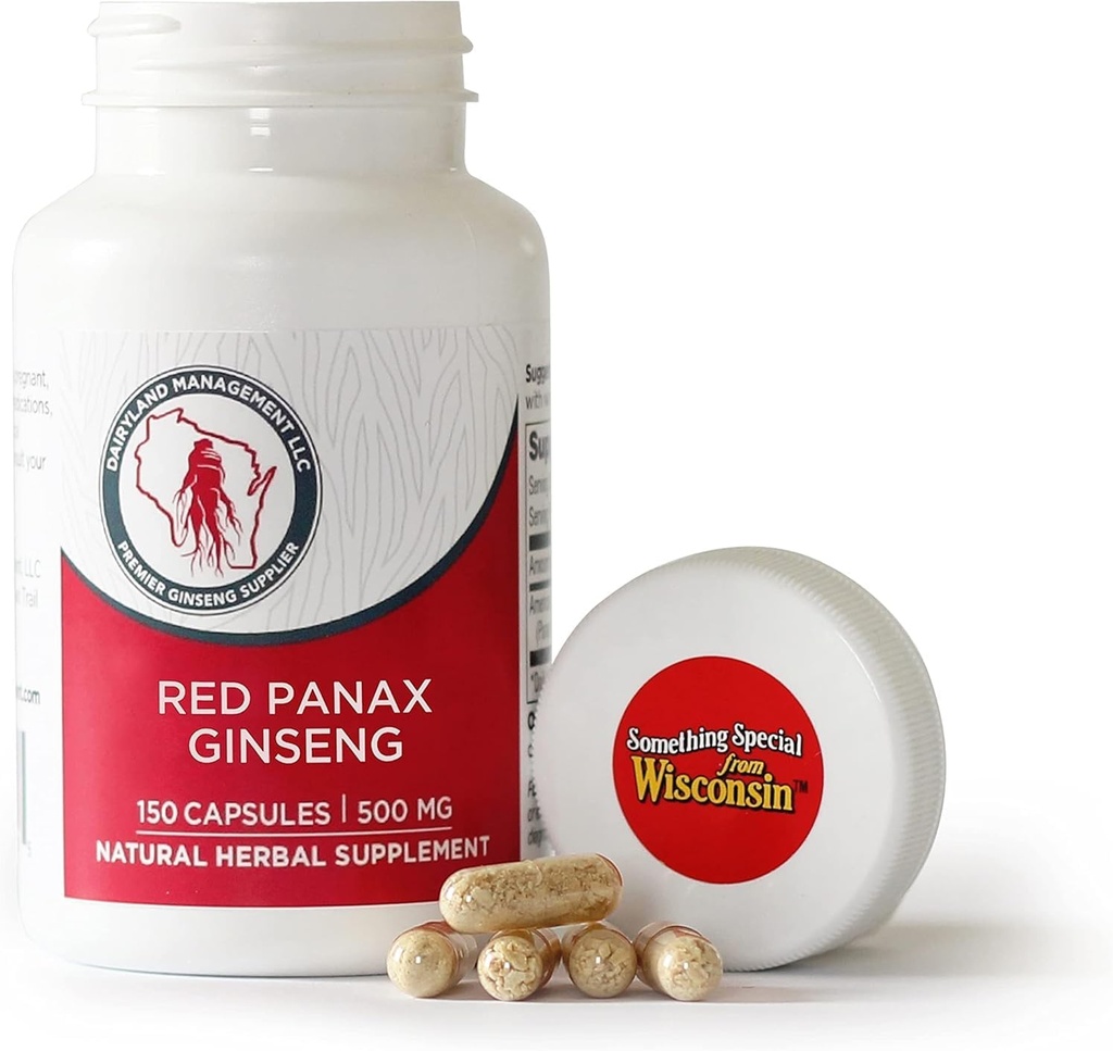 Dairyland Management LLC 100% Authentic Korean Red Panax Ginseng Capsules -500 mg. Potent Ground Ginseng Root Extract Powder - No Fillers, Binders u otros aditivos. (150 ct)