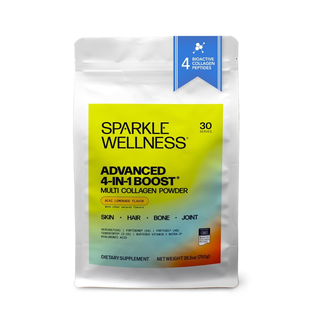 Sparkle Wellness Advanced 4-in-1 Boost | Clinically Tested Multi Collagen Powder with VERISOL, FORTIBONE, FORTIGEL, TENDORFORTE with HA and Vitamin C | Acai Lemonade