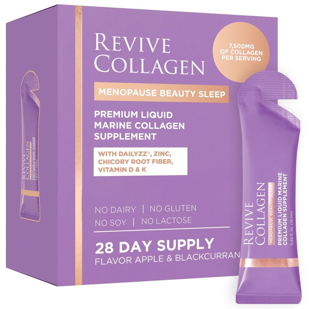 Revive Collagen Menopause Beauty Sleep — Hydrolyzed Marine Collagen Drink for Women, 7,500MG, Zinc, Chicory Root Fiber, Vitamin D & K, Supports Sleep Quality, Apple & Blackcurrant Flavour — 28 Sachets