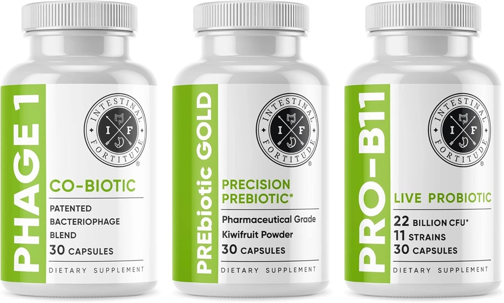 Intestinal Fortitude Gut Health Supplement Bundle - PREbiotic Gold, PRO-B11, Phage 1 - w/Gold Kiwifruit Pectin, SCFAs, and 22 Billion CFU for Microbiome Support, Gluten, Soy, & Dairy-Free Capsules