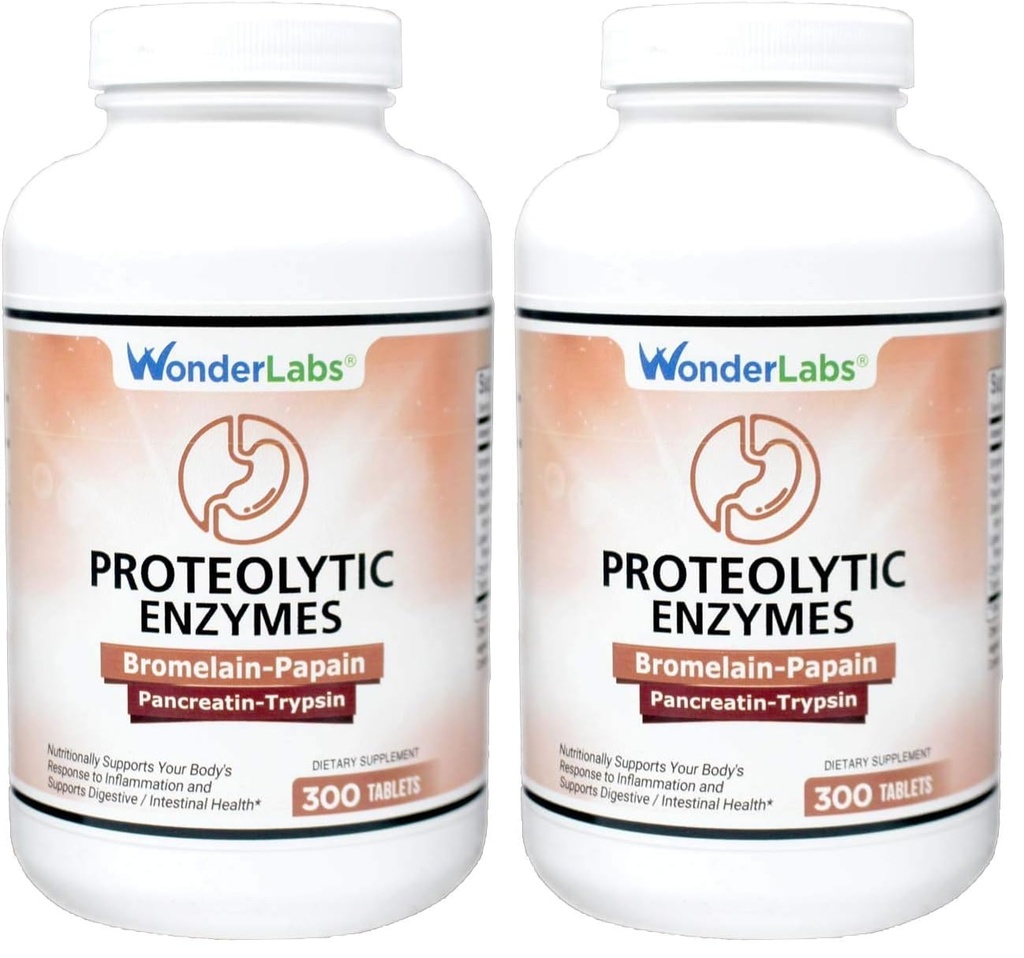 Wonder Laboratories Proteolytic Enzymes | Bromelain Papain Pancreatin Trypsin 550 mg Total with Standardized Amylase, Lipase, and Protease, 300 Tablets (Pack of 2)