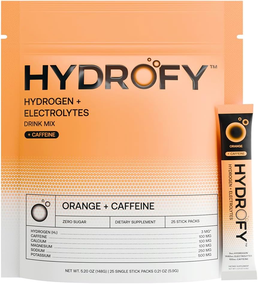 Hidrofy Hidrógeno Agua + Electrolitos Bebida Mix ← H2 Hydration Packets with Molecular Hydrogen, Sodium, Potassium, Magnesium, Calcium, and Minerals TEN No Sugar TEN Orange + Caffeine 25 ct