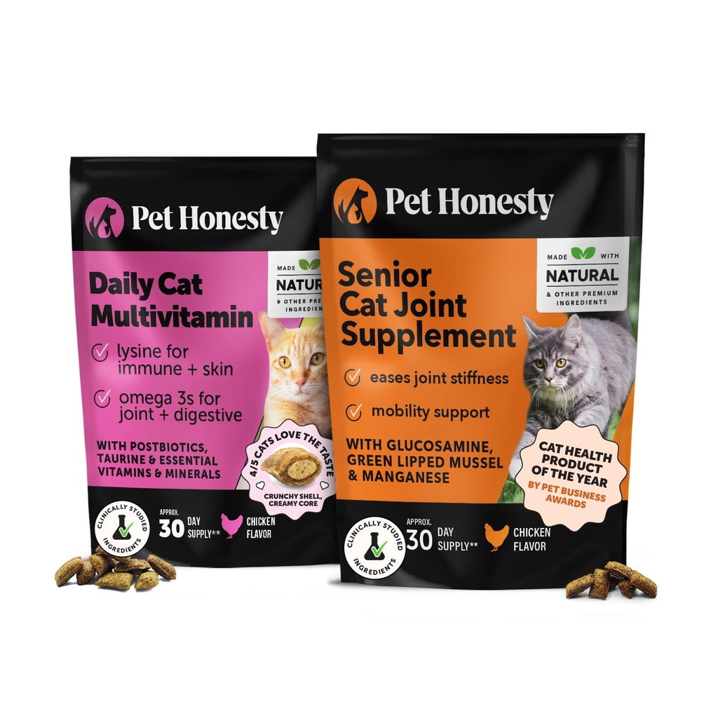 Cat Multivitamin + Cat Hip & Joint Daily Essentials Bundle - Crunchy & Creamy Chews for Immune Health, Joint Support, and Skin & Coat