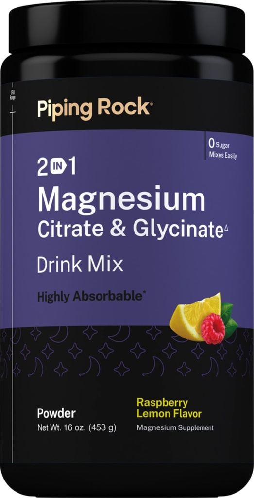 Piping Rock Magnesium Citrate & Glycinate | 16 Oz Powder | Raspberry Lemon Flavor | Drink Mix | Highly Absorbable | Non-GMO, Gluten Free