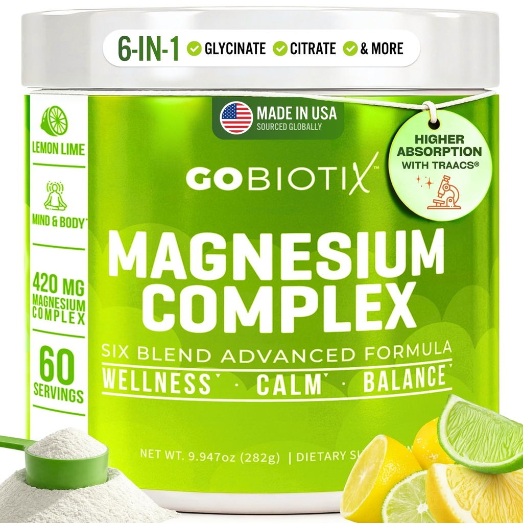 GOBIOTIX Magnesium Glycinate Powder – 6-Form Magnesium Complex: Malate, Citrate & More – Sleep, Stress & Calm Support for Women & Men – High Absorption, Sugar Free – 420mg, 60 Servings (Lemon Lime)