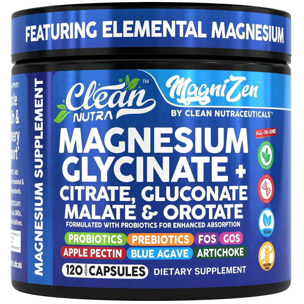 Clean Nutra Magnesium Glycinate Citrate Malate Orotate Taurate Supplement Complex + 10 Strain Probiotic Prebiotics FOS GOS Inulin Sleep Calm Support Apple Pectin – 120 Vegan Capsules