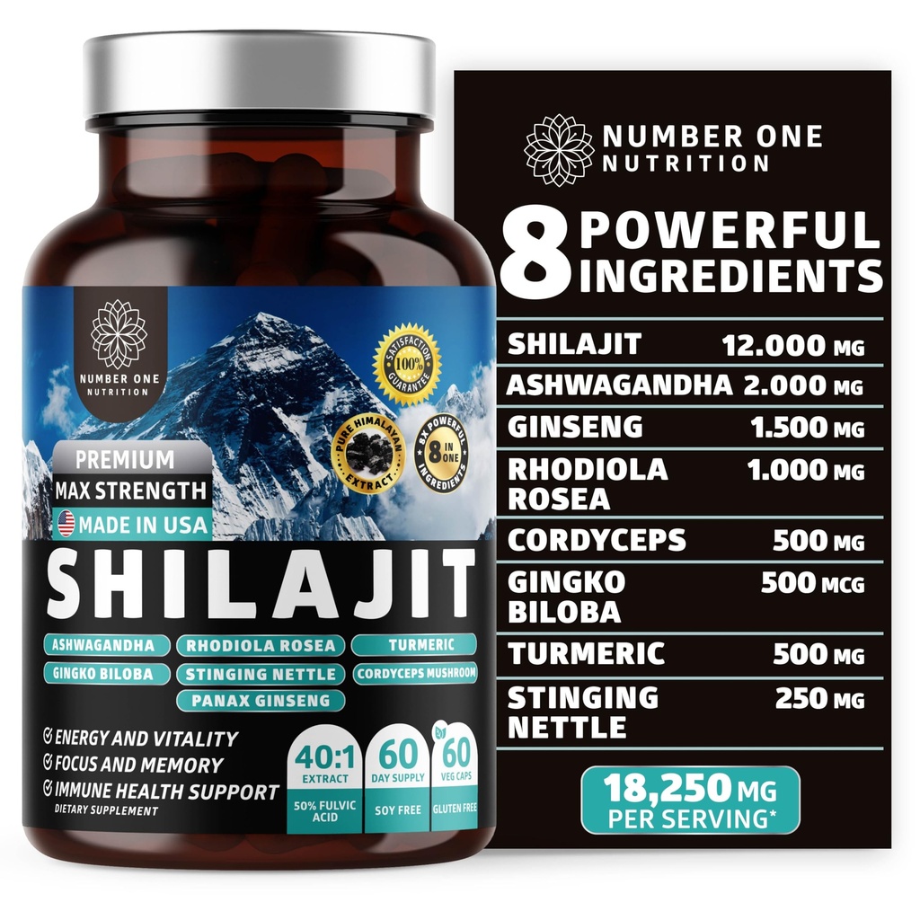 Puro Himalayan Shilajit para Mujer y Hombre [50% de ácido Fulvic] Mejor que Resin con Ashwagandha, Ginseng, Turmeric, Gingko Biloba, Stinging Nettle, Cordyceps para apoyar la energía y la inmunidad, 60Caps