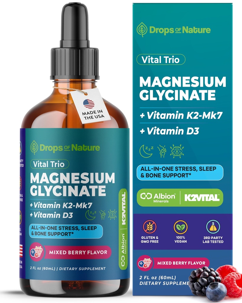 Magnesium Glycinate, Vitamin K2 & D3 Supplement – GMO-Free – VIT D MK7 K2 Vitamin Supplement & Magnesium Blend – with Nutrients for Bone Nutrition & Cardiovascular Function (Mixed Berry, 60 mL)