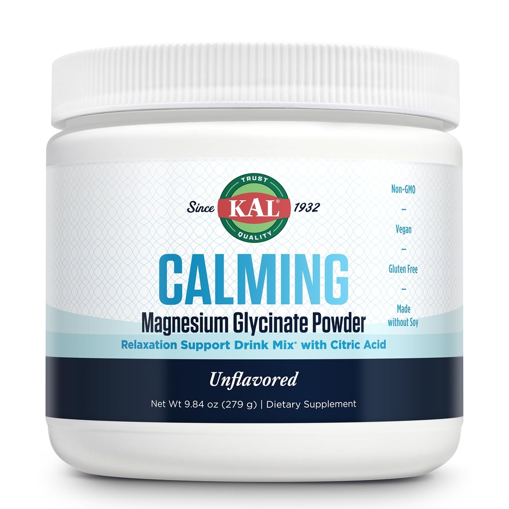 KAL Calming Magnesium Glycinate Powder Plus Citric Acid - Unflavored - Nervous System, Bone and Relaxation Support Drink Mix - No Sugar - 60-Day Guarantee, 40 Servings, 8.5 OZ