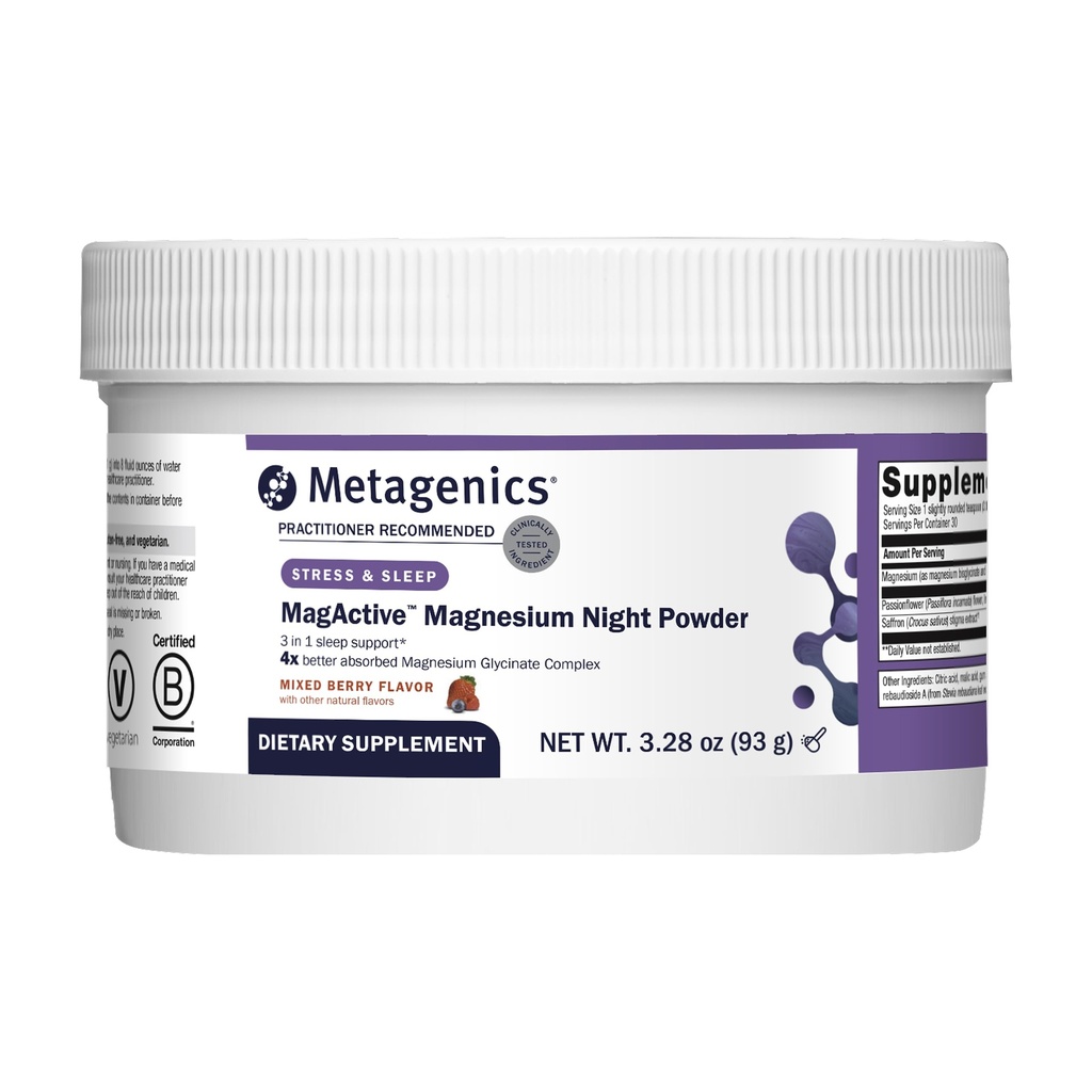 Metagenics MagActive Magnesium Night Powder - Sleep Support Supplement - Aids Healthy Sleep-Wake Cycle - Contains Magnesium, Passionflower & Saffron - Melatonin Free - 93 g, Mixed Berry Flavor